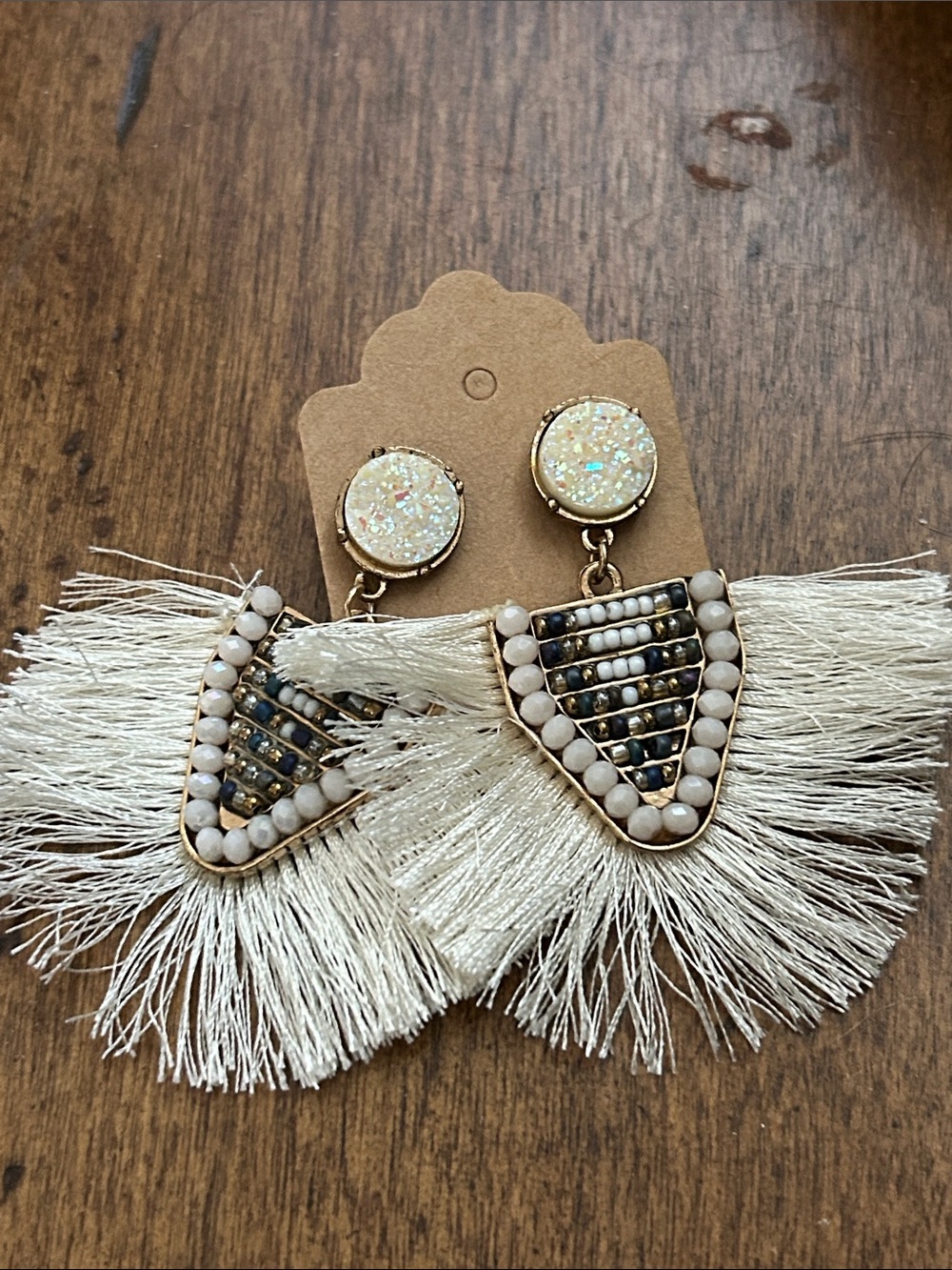 Boho Cream Beaded Fringe Drop Earrings